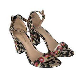 Madden Girl Behave 6.5 Floral Embroidered Velvet Animal Print Block Heel Sandals